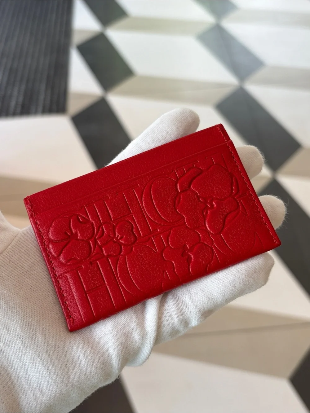New Authentic Carolina Herrera Embossed Floral Leather, Scarlet Red Card Holder